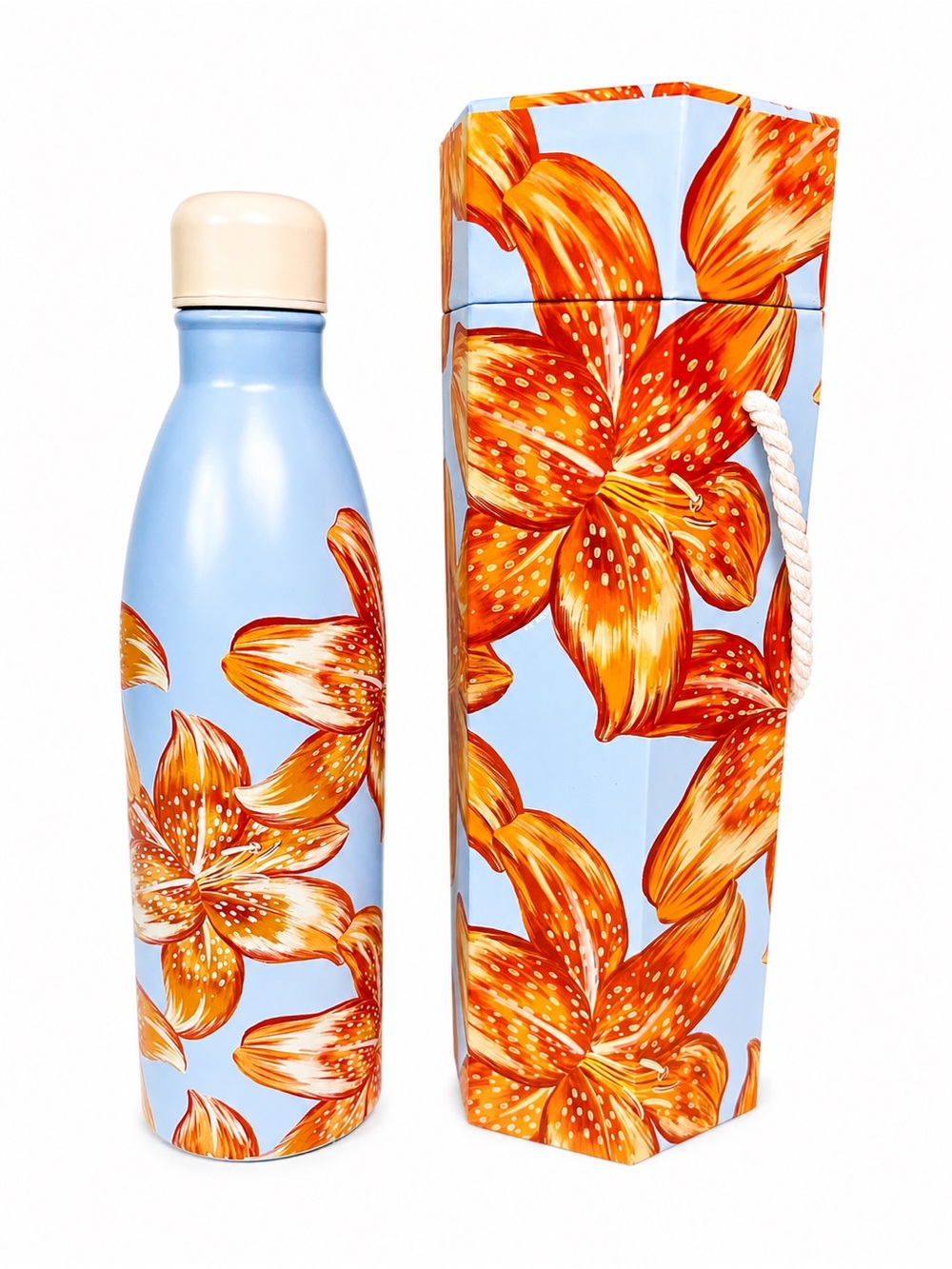 FARM Rio Light Blue Water Bottle with Bold Orange Floral Print 33.81 oz